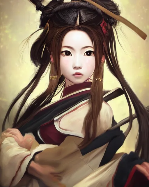 Image similar to beautiful portrait of oichi , sana from twice in sengoku basara in the paintetly style of WLOP, artgerm, brush stroke oil painting, dynamic lighting, imagine fx, artstation