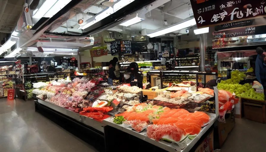 Prompt: A small stand selling sushi stands in a large supermarket that sells groceries, cinematic lighting, commercial photography