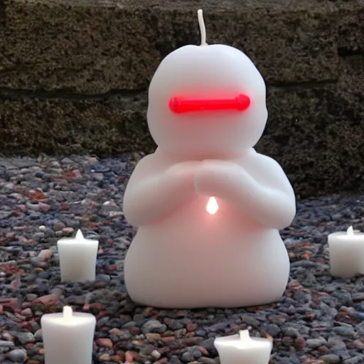 Prompt: a white marble statue of reddit snoo surrounded by lit candles