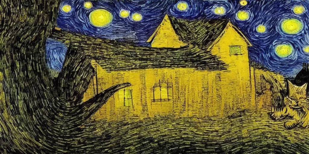 Prompt: cat walking down a long tree lined avenue with a small cottage at the far end, it is night and the sky looks like van gogh starry night, style of dave mckean illustration, collage