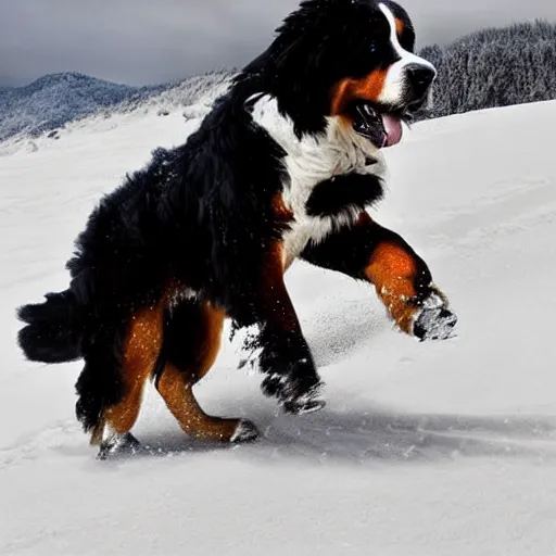 Image similar to girl riding giant Bernese Mountain Dog in the snow, trending on artstation