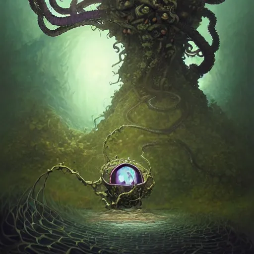 Prompt: On a domed structure made of tentacled rock vines, there is an orc fused and blended with the vines, a purple crystal pulsing in his chest, orc on vines, orc fused with vines, orc merged with vines, Peter Mohrbacher, artwork by Peter Mohrbacher