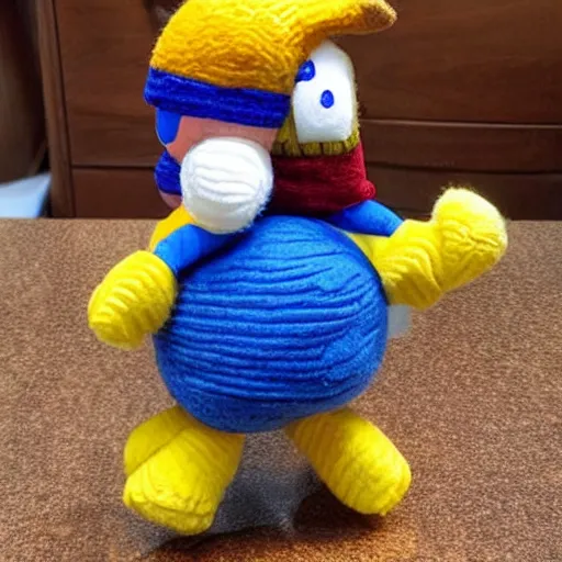 Image similar to a yarn plush doll of wario riding a yoshi