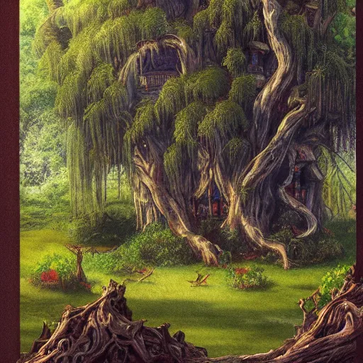 Image similar to mansion in a willow tree grove, Darrell K Sweet, artstation