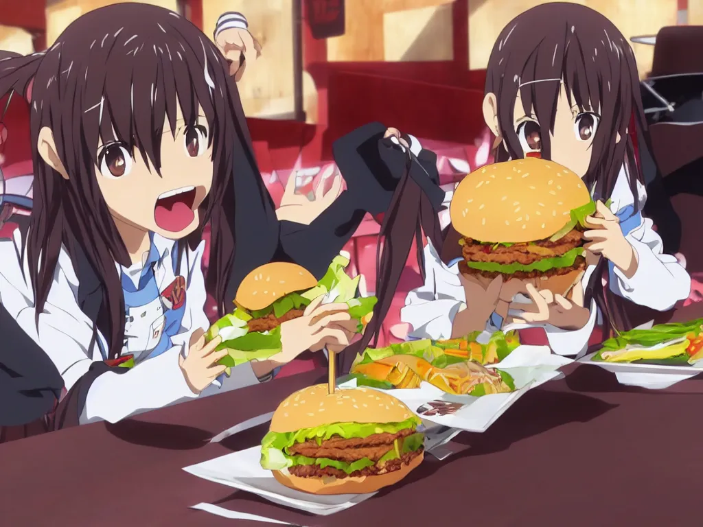 Image similar to yuuki konno from sword art online eating a big burger and being happy, High Definition detail, 8K, anime