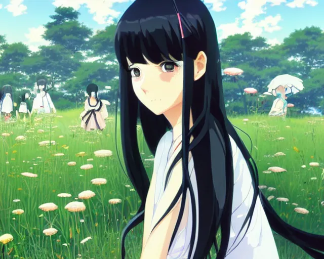 Image similar to beautiful anime girl with long black hair and bangs, beautiful anime guy with black hair, wearing black clothes, siblings, fine details portrait, japense village in background, bokeh. anime masterpiece by Studio Ghibli. illustration, sharp high-quality anime illustration in style of Ghibli, Ilya Kuvshinov, Artgerm