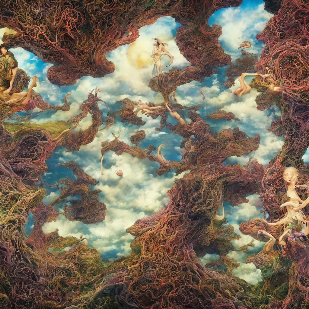 Image similar to ultrawide angle colour masterpiece surreal closeup portrait photography of gods playing on stage by miho hirano and annie leibovitz and michael cheval, weird surreal epic psychedelic complex biomorphic 3 d fractal landscape in background by kilian eng and roger dean and salvador dali and beksinski, 8 k