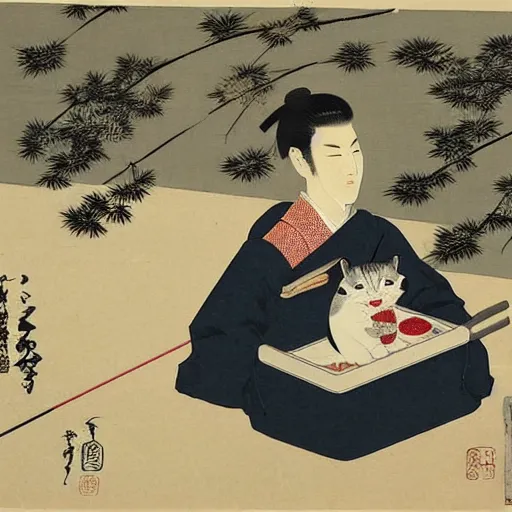 Prompt: angry handsome japanese butcher slices up parsley with a tabby cat sitting next to him, vintage, painting by utamaro