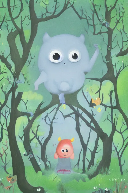 Image similar to A cute little monster in a misty forest art style by Mariko Mori, 4k, 8k