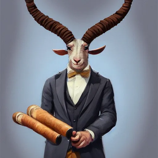 Prompt: award winning character art commission of an anthro furry humanoid goat smoking a cigar, three piece suit, character concept design, painting, detailed, vivid, trending on artstation, art by greg rutkowski