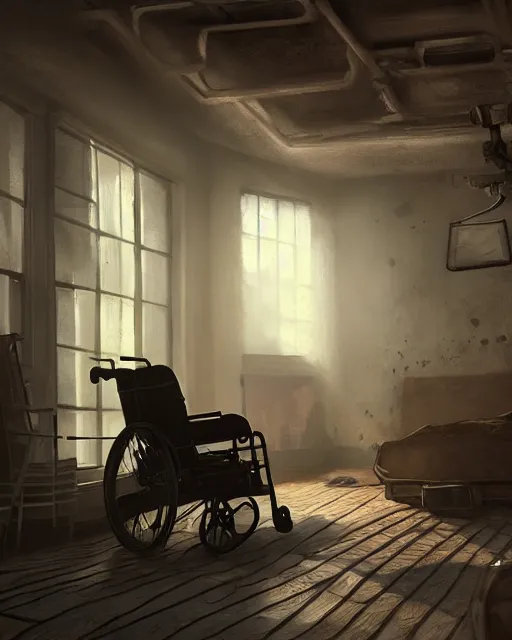 Image similar to artstation scifi scene a village old ward, one ceiling fan, wheelchair, crutches, bed, dust, paneled walls, window, summer unreal engine 5, hyper realism, realistic shading, cinematic composition, blender render, octane render, hdr, detailed textures, photorealistic, wide shot