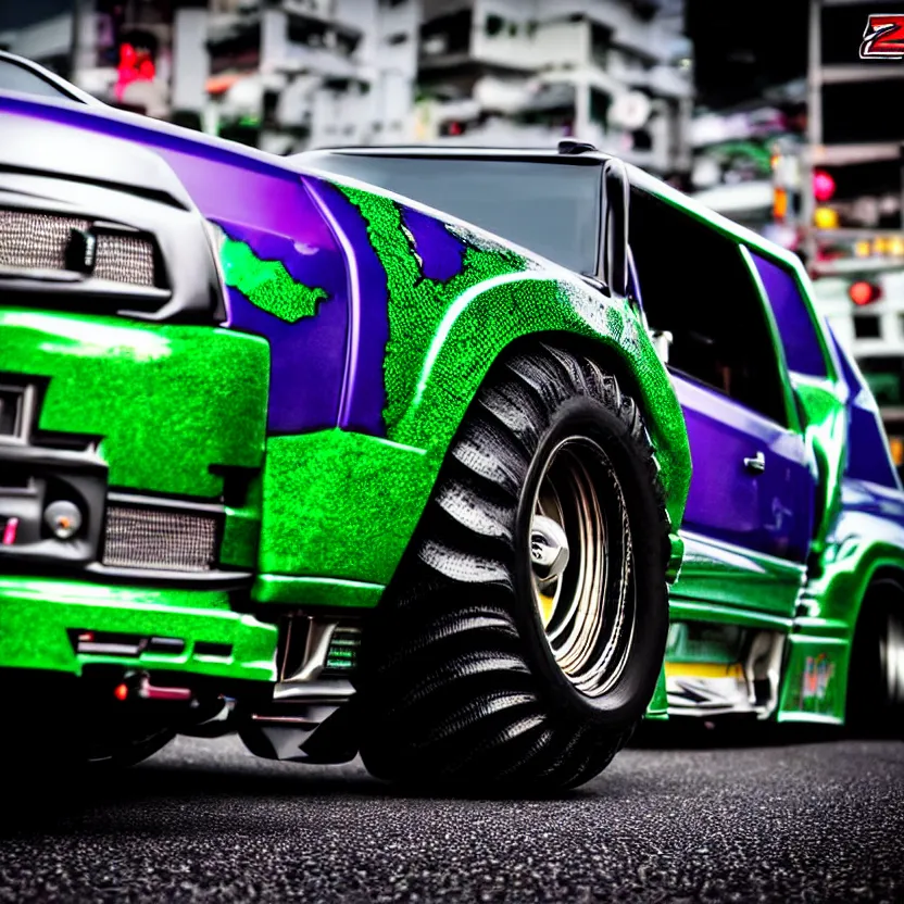 Image similar to close-up JZX100 twin turbo drift jet engine monster truck drag racer cowboy Cadillac in the road, Tokyo prefecture, Japanese architecture, city sunset mist lights, cinematic lighting, photorealistic, detailed alloy wheels, highly detailed purple green snake oil wacky races power ranger bat-mobile transformer car