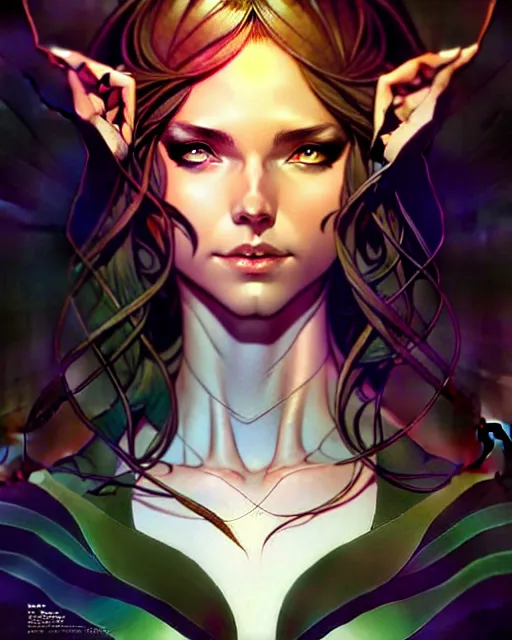 Image similar to artgerm, joshua middleton comic cover art, full body pretty female elven wood elf, symmetrical eyes, symmetrical face, long curly black hair, beautiful forest, rim lighting