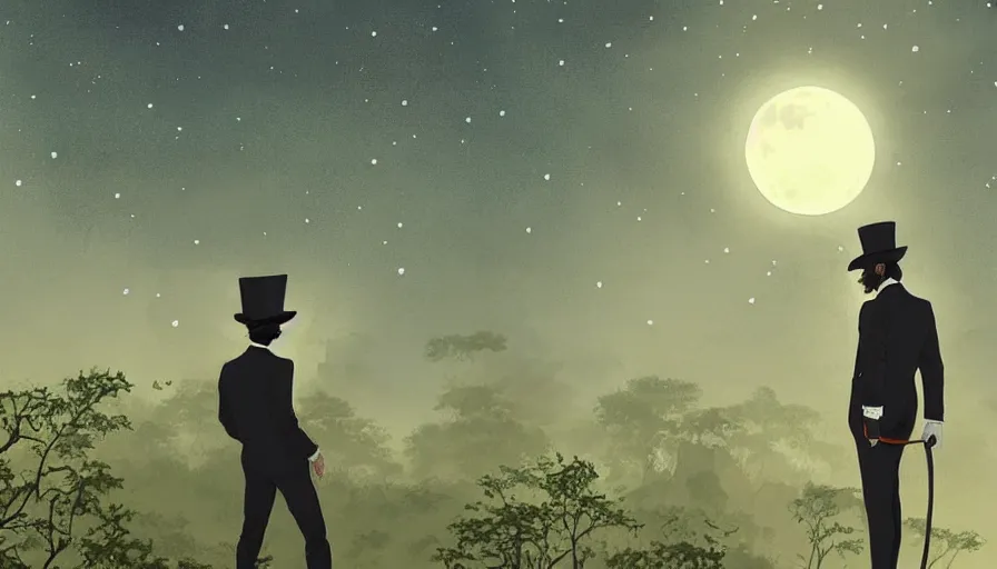 Image similar to ilya kuvshinov illustration of a gentleman in a suit and top hat watching the moon shine over the overgrown valley with ancient ruins reclaimed by nature, hazy and misty, magical feeling, night, stars uhd, high detail, by ilya kuvshinov