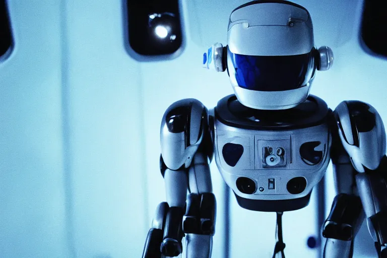 Image similar to close - up photograph of an androgynoid robot in the launch bay on the inter - galactic spaceship, 8 k, beautiful lighting, shallow depth of field, ultra realistic, hyper - detailed, sci - fi movie style, coherent composition,