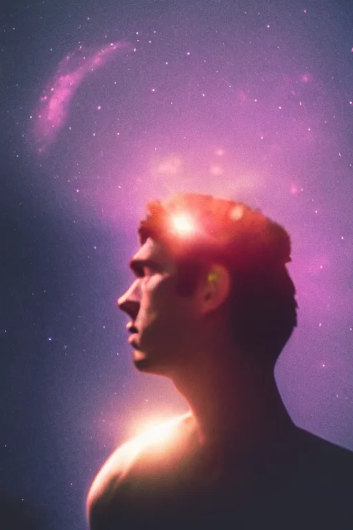 Prompt: agfa vista 4 0 0 photograph of a skinny guy floating in space, galaxy background, futuristic, synth vibe, vaporwave colors, lens flare, flower crown, back view, moody lighting, moody vibe, telephoto, 9 0 s vibe, blurry background, grain, tranquil, calm, faded!,