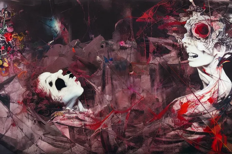 Image similar to the physical impossibility of death, in a brutalist designed space ship, hauntingly surreal, gothic, rich deep colours, painted by francis bacon, adrian ghenie, james jean and petra cortright, part by gerhard richter, part by takato yamamoto. 8 k masterpiece