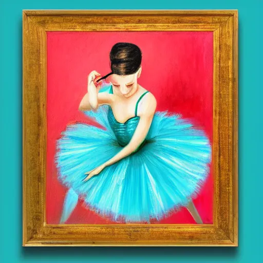 Image similar to square painting of a ballerina drinking wine in a teal room all on a red background