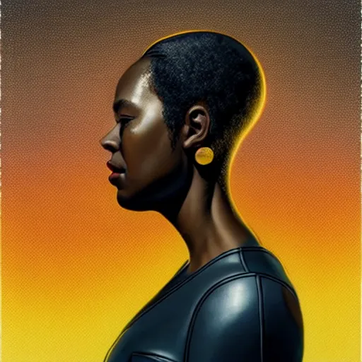 Prompt: portrait of a black woman :: side profile :: blood :: background sea :: intricate details in gold :: oxygen implant :: 8k :: simon stalenhag and Sandra Chevrier