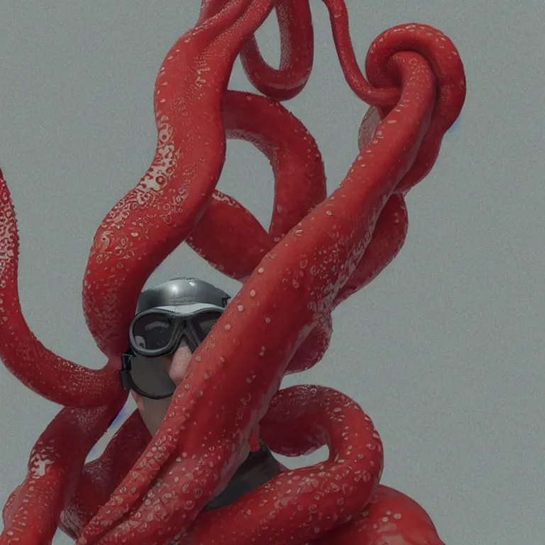 Image similar to octane render portrait by wayne barlow and carlo crivelli and glenn fabry, subject is a man in a wet suit with goggles with giant open mouth full of long red octopus tentacles, cinema 4 d, ray traced lighting, very short depth of field, bokeh