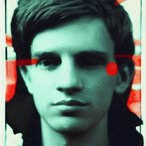 Prompt: anaglyph effect aloof portrait of a young dude 2 9 years old, with placebo