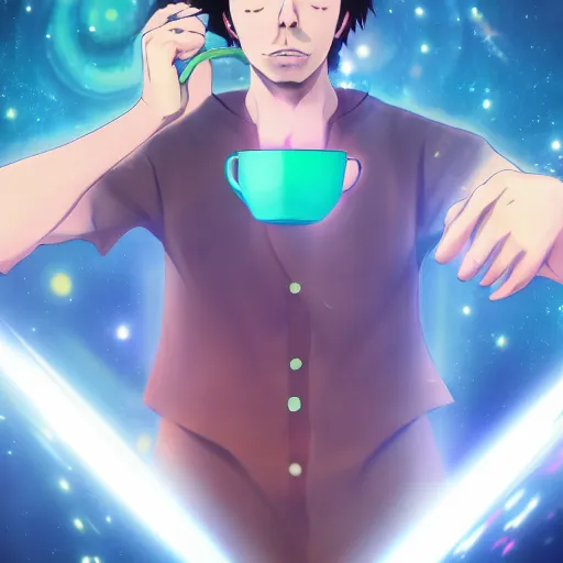 Prompt: A man drinking a cup of cosmic energy bright light by Masafumi Harada, 4k, digital art, surreal, anime style, space dandy style, highly detailed, godsend, artstation, space