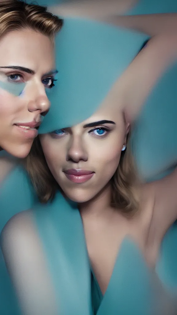 Image similar to portrait photo of smiling woman, photo of Scarlett Johansson:: symmetric face, symmetric eyes, slight smile, photo by Annie Leibovitz, 85mm, teal studio backdrop, Getty images