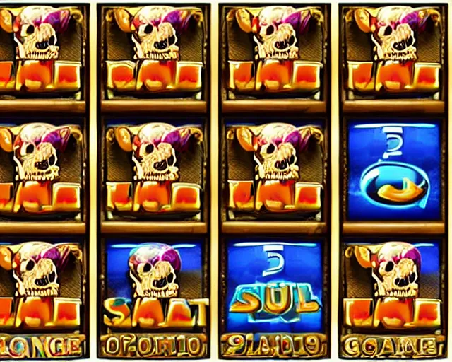 Prompt: modern slots game with skull theme, 5 columns, 5 rows, slots, casino videogame