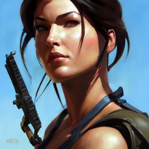 Image similar to greg manchess portrait painting of partially armored lara croft as overwatch character, close - up shot, asymmetrical, profile picture, organic painting, sunny day, matte painting, bold shapes, hard edges, street art, trending on artstation, by huang guangjian and gil elvgren and sachin teng