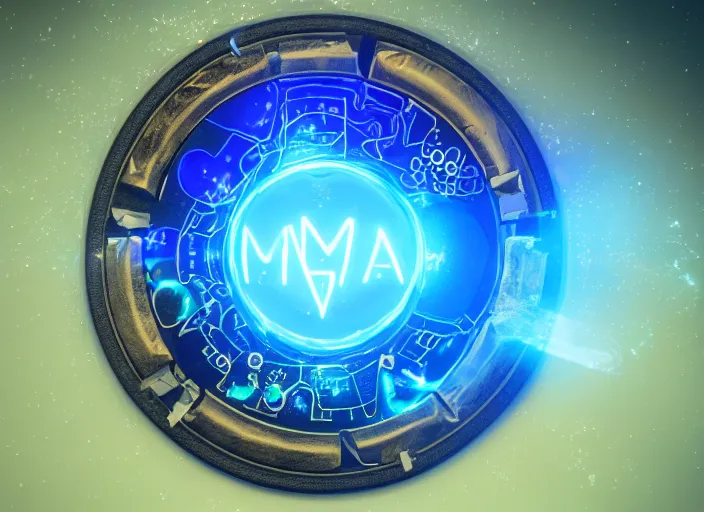 Image similar to magic golden computer chip with runes and a glowing blue crystal in the center, mana flowing around it, product photo, trending on artstation, unreal engine 5, 4 k, 8 k