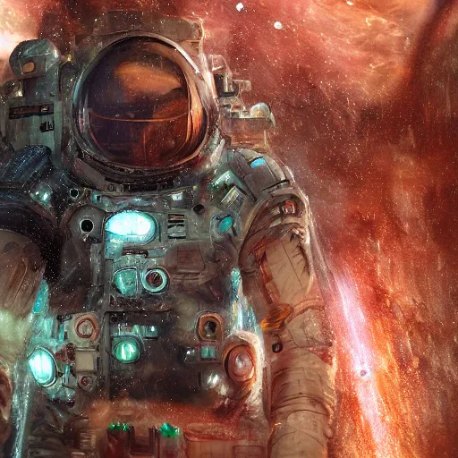 Image similar to concept art by craig mullins astronaut in futuristic dark and empty spaceship underwater. infrared complex and hyperdetailed technical suit. mandelbulb fractal. reflection and dispersion materials. rays and dispersion of light. volumetric light. 5 0 mm, f / 3 2. noise film photo. flash photography. unreal engine 4, octane render. interstellar movie art