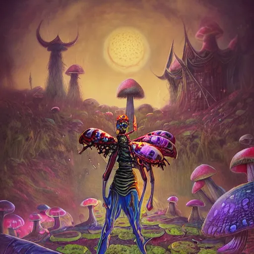 Image similar to 4 k headshot portrait of a psychedelic demonic anthropomorphic insect knight with mushroom themed clothes, magic mushroom village in background by jeff easley, award winning, stylized neon, post - processing, masterpiece, superb resolution. in the art style of junji ito and greg rutkowski. detailed mushroom city in background. hyper realistic anime. perfect art. dalle 2