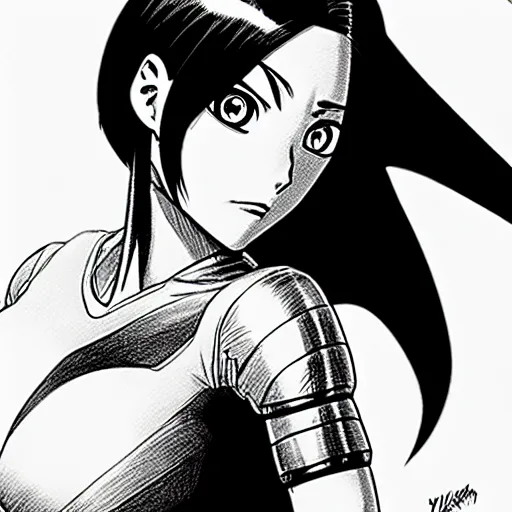 Image similar to alita by yukito kishiro. medium shot. black and white manga. pencil drawing.