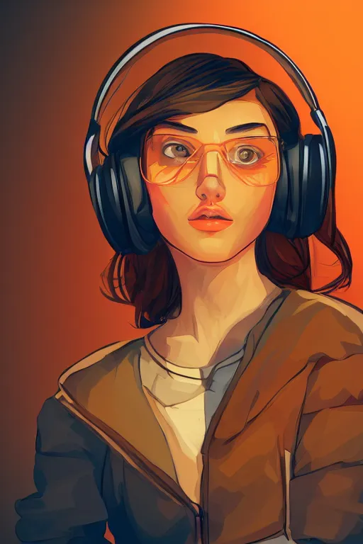 Image similar to georgian girl looking to the left, wearing beats headphones. short brown hair, white jumper. lit from the right side, orange light. centered median photoshop filter cutout vector behance hd artgerm jesper ejsing!