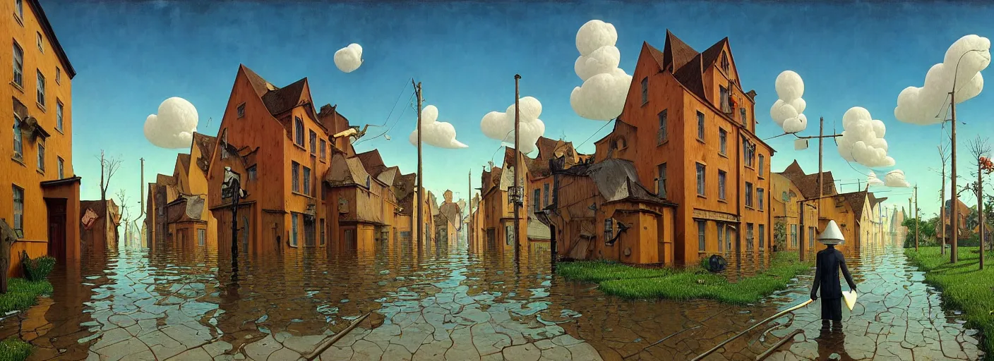 Prompt: flooded! old wooden empty cursed city street, very coherent and colorful high contrast masterpiece by gediminas pranckevicius franz sedlacek rene magritte norman rockwell, full - length view, dark shadows, sunny day, hard lighting, reference sheet white background