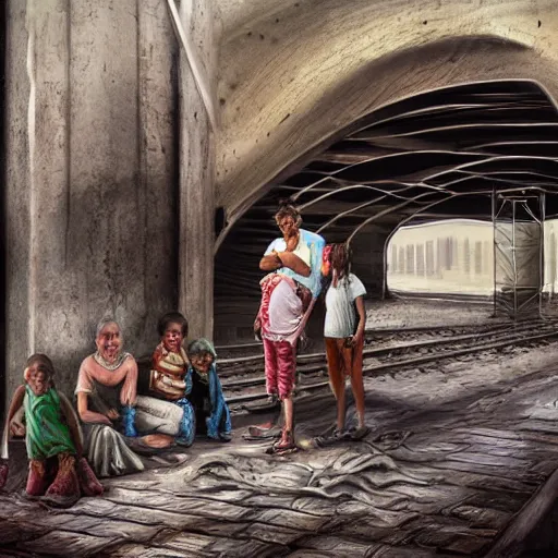 Prompt: poor people life under railway bridge, digital art, digital painting, award winning hyper realistic, 4 k, realistic face, realistic human, hyper details, style by steve mccury and annie leibovitz and chindy sherman