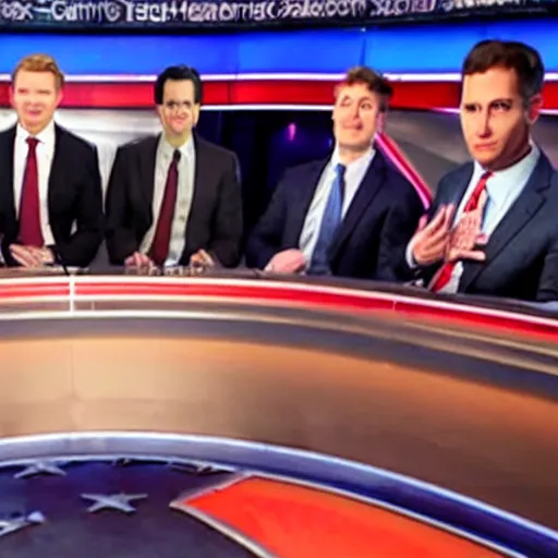 Prompt: a high quality photograph fox news broadcast screesshot of max blumenthal, jimmy dore, aaron mate, tucker carlson, matt taibbi, glenn greenwald having a tickle fight on tucker carlson tonight