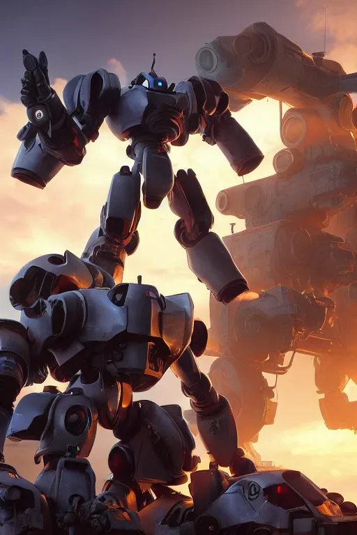 Image similar to mechwarrior 5 : mercenaries mech megaman transformer robot boss tank engine game octane render, 4 k, hd 2 0 2 2 3 d cgi rtx hdr style chrome reflexion glow fanart, global illumination ray tracing hdr fanart arstation by ian pesty by jesper ejsing pixar and disney unreal zbrush central hardmesh