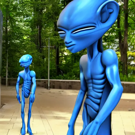 Image similar to tall blue alien is caught on security camera 8 k hdr hi res realistic super detailed pic