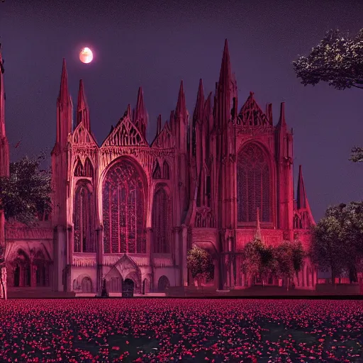 Image similar to A Gothic cathedral in a field of flowers, A huge red moon shines over the earth in the style of gustav doré.highly realistic, hyper detailed,cinematic,4k,digital art,unreal engine 5,epic lighting