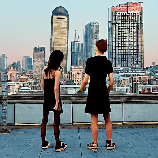 Image similar to a small rooftop with a couple of modern teenagers, standing and talking to each other, wearing black modern clothes, modern shanghai bund is on the background, sunset, by gregory crewdson, by hajime sorayama