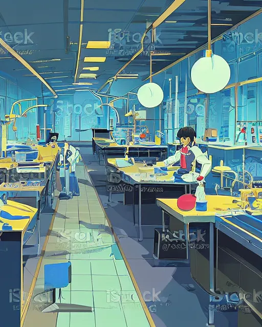 Image similar to science lab. clean cel shaded vector art. illustration art by makoto shinkai and and john berkey