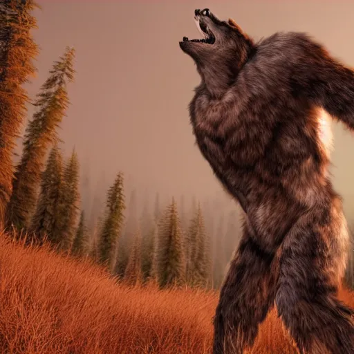 Prompt: man transforming into a werewolf, full body, hyper realistic, 8 k, unreal engine, realistic brown fur