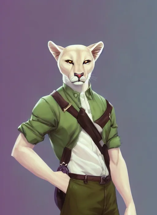 Prompt: beautiful portrait commission of a male furry anthro!!! albino mountain lion wearing a pale-yellow dress shirt, olive green slacks, and suspenders. Atmospheric. Character design by charlie bowater, ross tran, artgerm, and makoto shinkai, detailed, inked, western comic book art