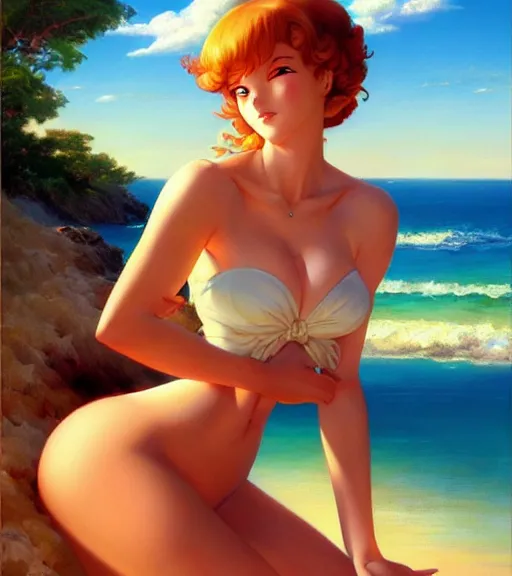 Prompt: Anime art, a beach, by artgerm, Gil Elvgren, Vladimir Volegov, Earl Moran, Enoch Bolles