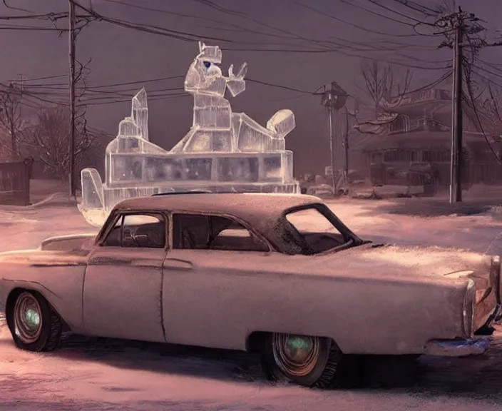 Image similar to an ice sculpture of a vintage car from fallout 4, digital art by studio ghibli and greg rutkowski, beautiful, cold environment, hyperrealism artstyle, amazing lighting