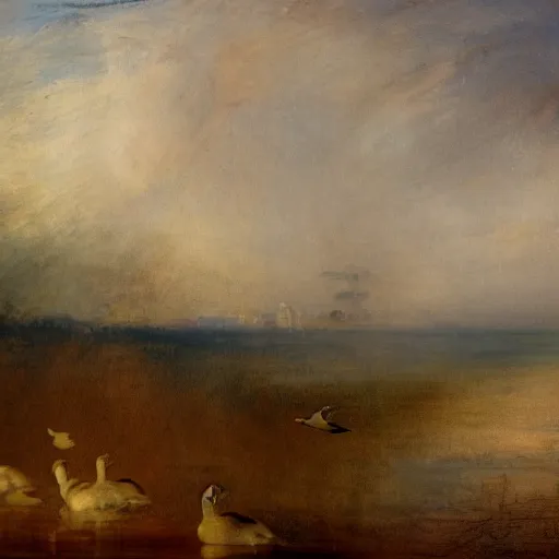 Image similar to A red dog sitting in the middle with red squares floating. Ducks flying in the background. in the art style of William Turner. Dramatic, high resolution.