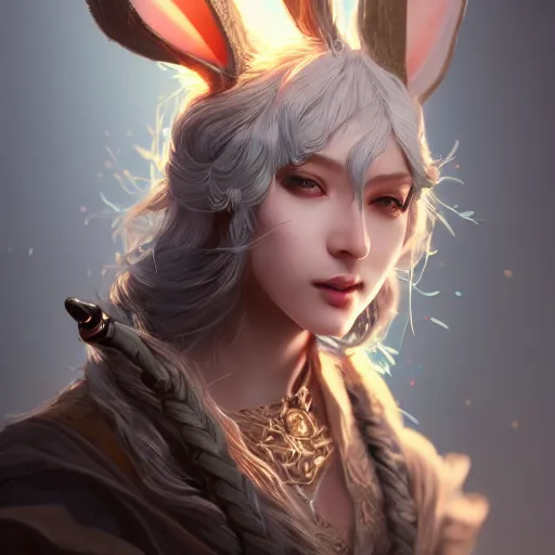 Image similar to an anthropomorphic female rabbit wizard with a staff, fine art, award winning, intricate, elegant, sharp focus, cinematic lighting, highly detailed, digital painting, 8 k concept art, art by guweiz and z. w. gu, masterpiece, trending on artstation, 8 k