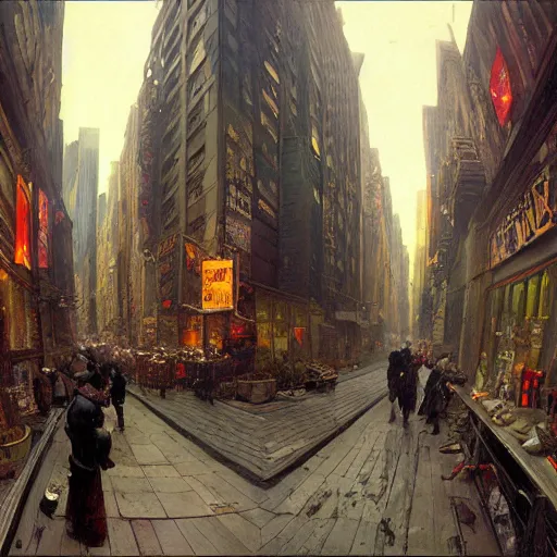 Prompt: wide shot low angle of new york alley, fisheye view!, by greg rutkowski and alphonse mucha