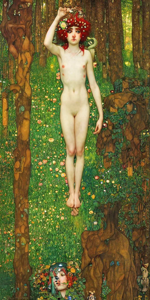 Image similar to Princess Mononoke, lush fairy forest, painted by gustav klimt, tom bagshaw, norman rockwell, mucha, james gurney, denoised, sharp